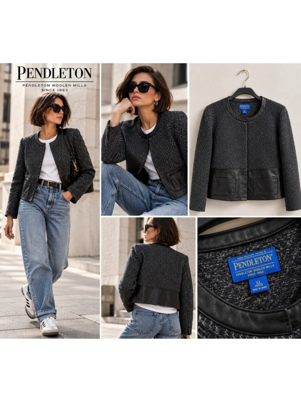 Pendleton XL Petite Lambswool Wool Leather Trim Jacket Gray Black Quiet Luxury